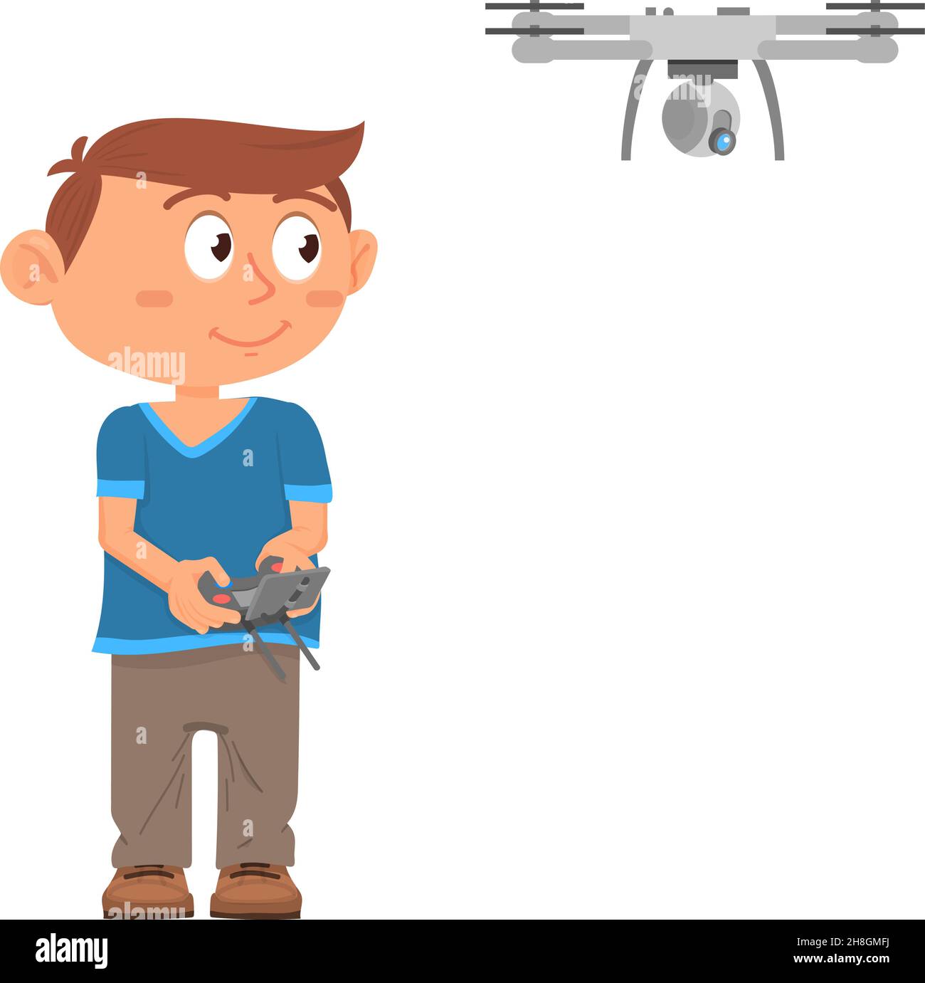 Boy playing with drone. Kid controling flying toy Stock Vector