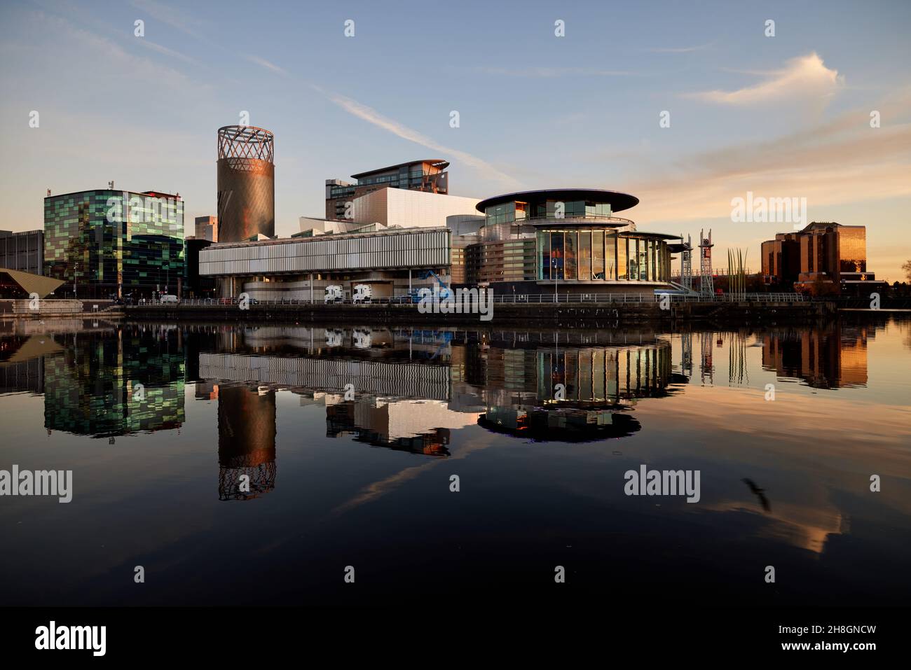 Salford Quays manchester Ship Canal, North Bay, MediaCityUk waterfront The Alchemist and Lowry Theatre Stock Photo