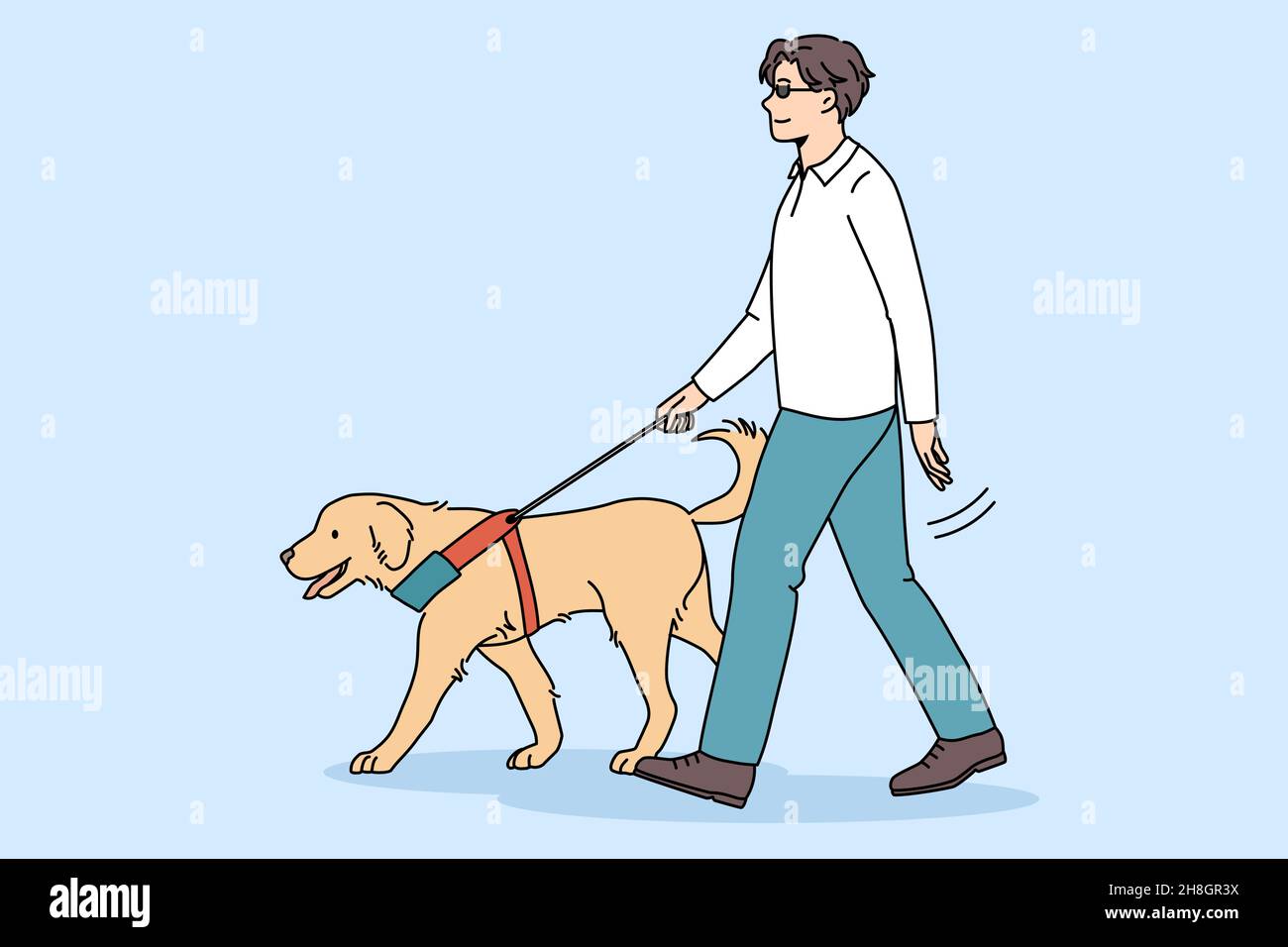 Blind man walk outdoor with guide dog assistance. Professional trained pet puppy help disabled impaired guy on streets. Visual impairment concept. Service animal and people. Vector illustration. Stock Vector