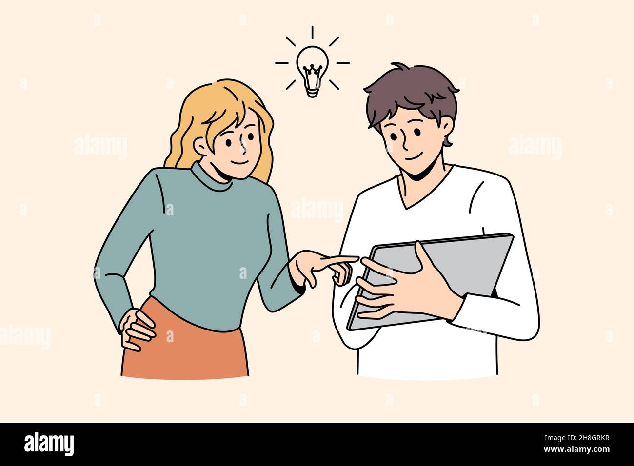Motivated diverse employees use tablet brainstorm develop business ...