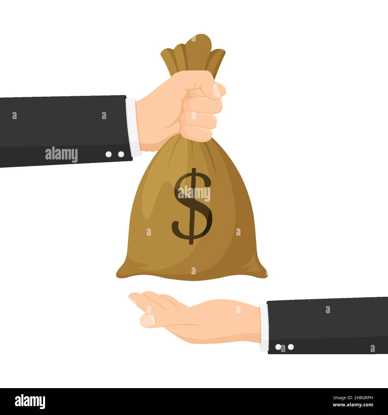 Human hand gives money bag to another person payment banking poster
