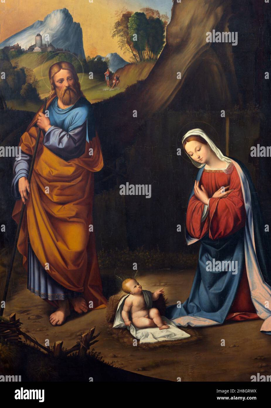 FERRARA, ITALY - NOVEMBER 9, 2021: The detail of painting of Nativity (Sacra adoratione) in church Chiesa di San Francesco by Olitno Martinelli (1863) Stock Photo