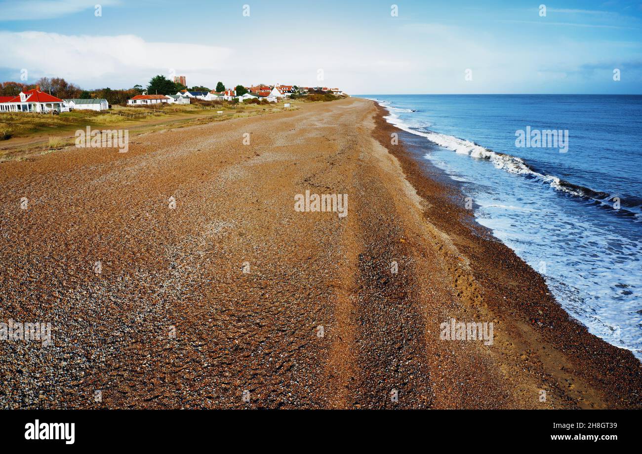 An empty Thorpness Beach looking desolate in the winter sun, Suffolk Stock Photo