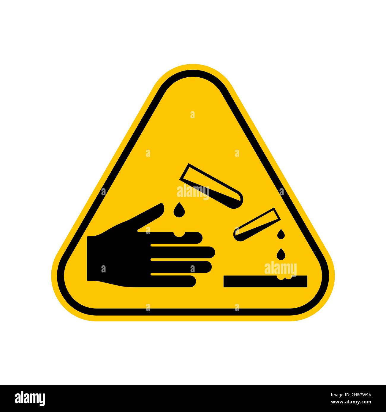 Corrosive symbol, chemical hazard sign , Yellow Triangle Caution Symbol, isolated on white background, vector icon Stock Vector