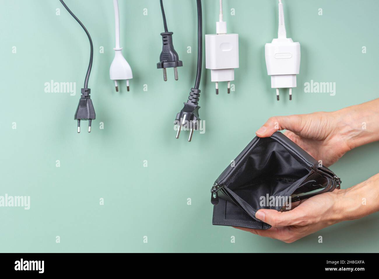 Many power cable cords hanging over empty open wallet in woman hands ...