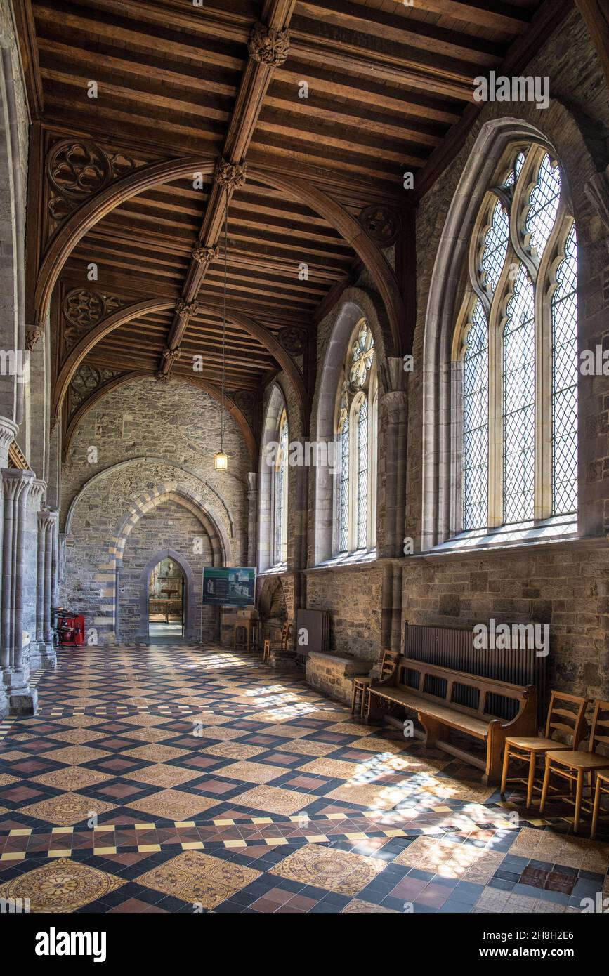 Tiled floor and windows, St Davids Cathedral, Pembrokeshire, Wales, UK Stock Photo