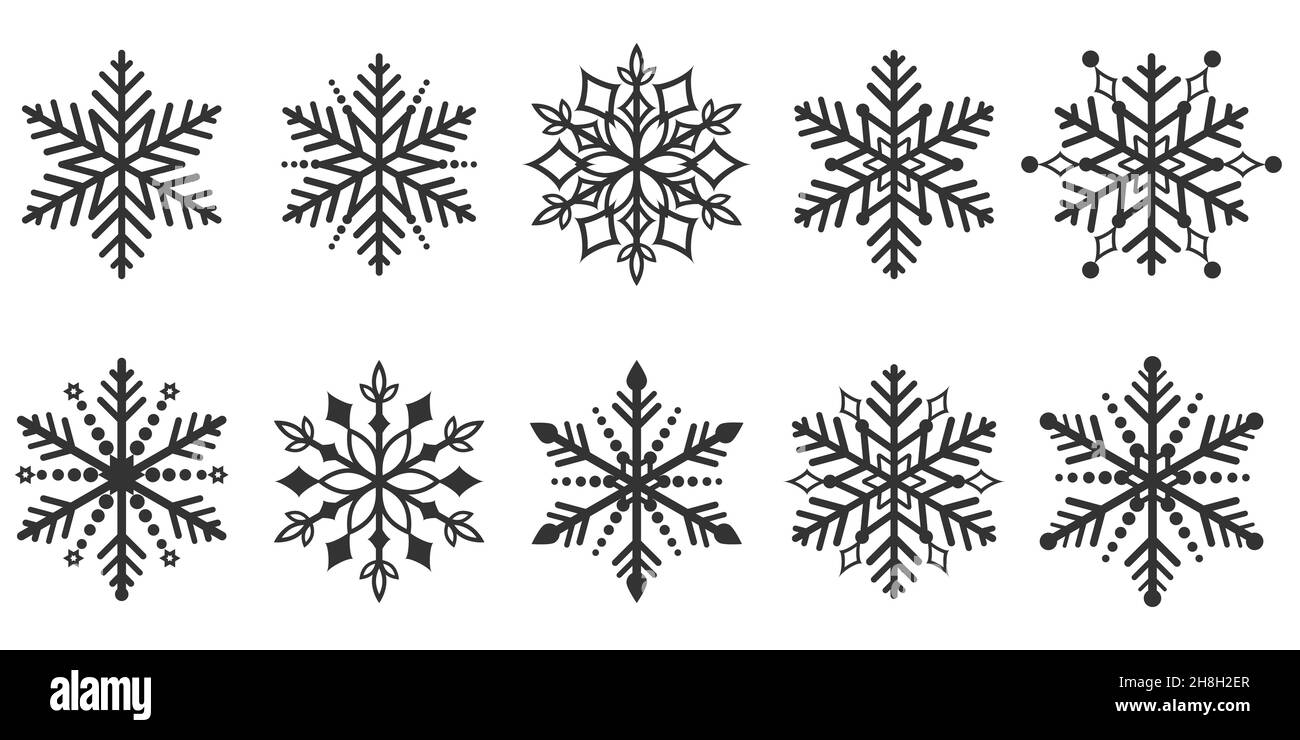 snowflake winter set of black isolated nine icon silhouette on white ...