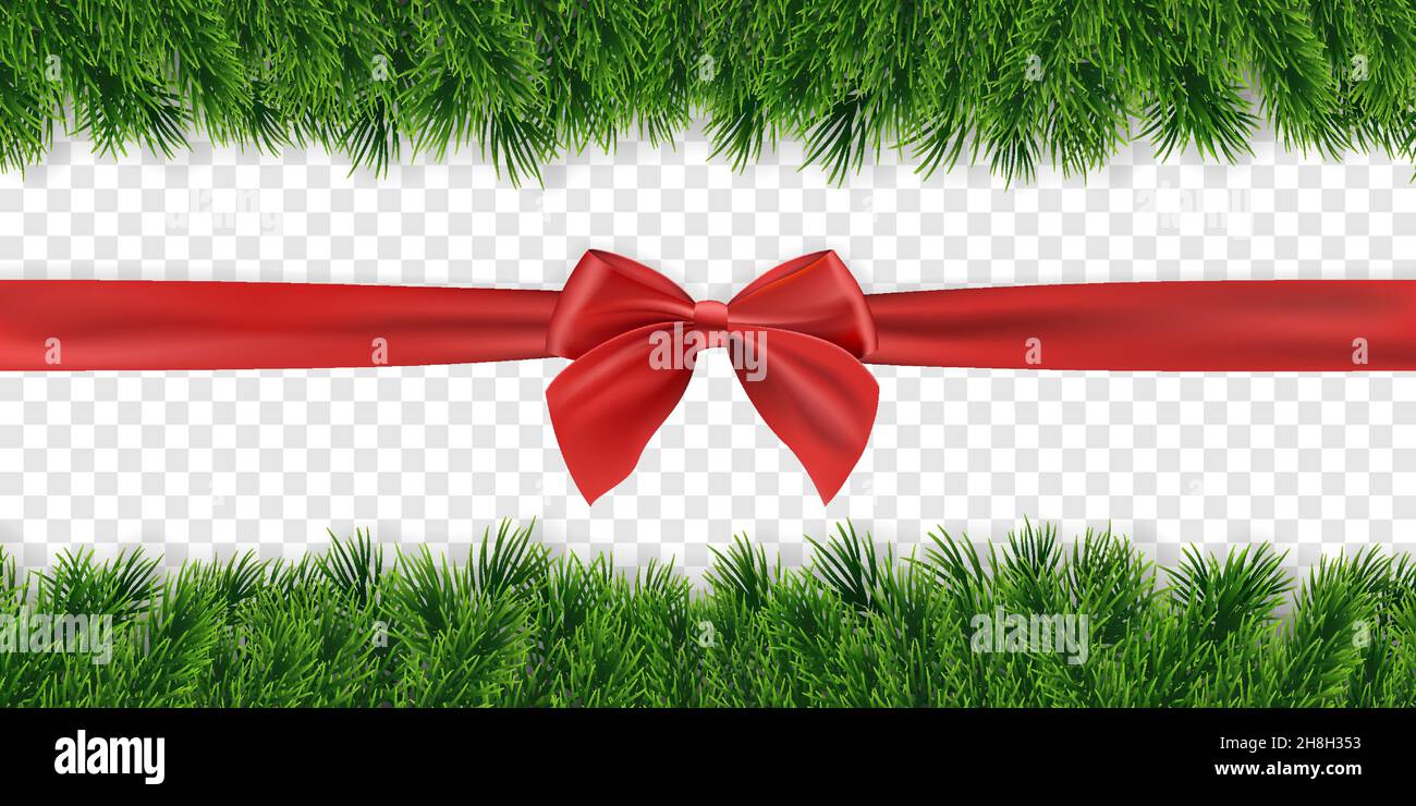 Christmas background with red bow and fir twigs garland. Vector ...