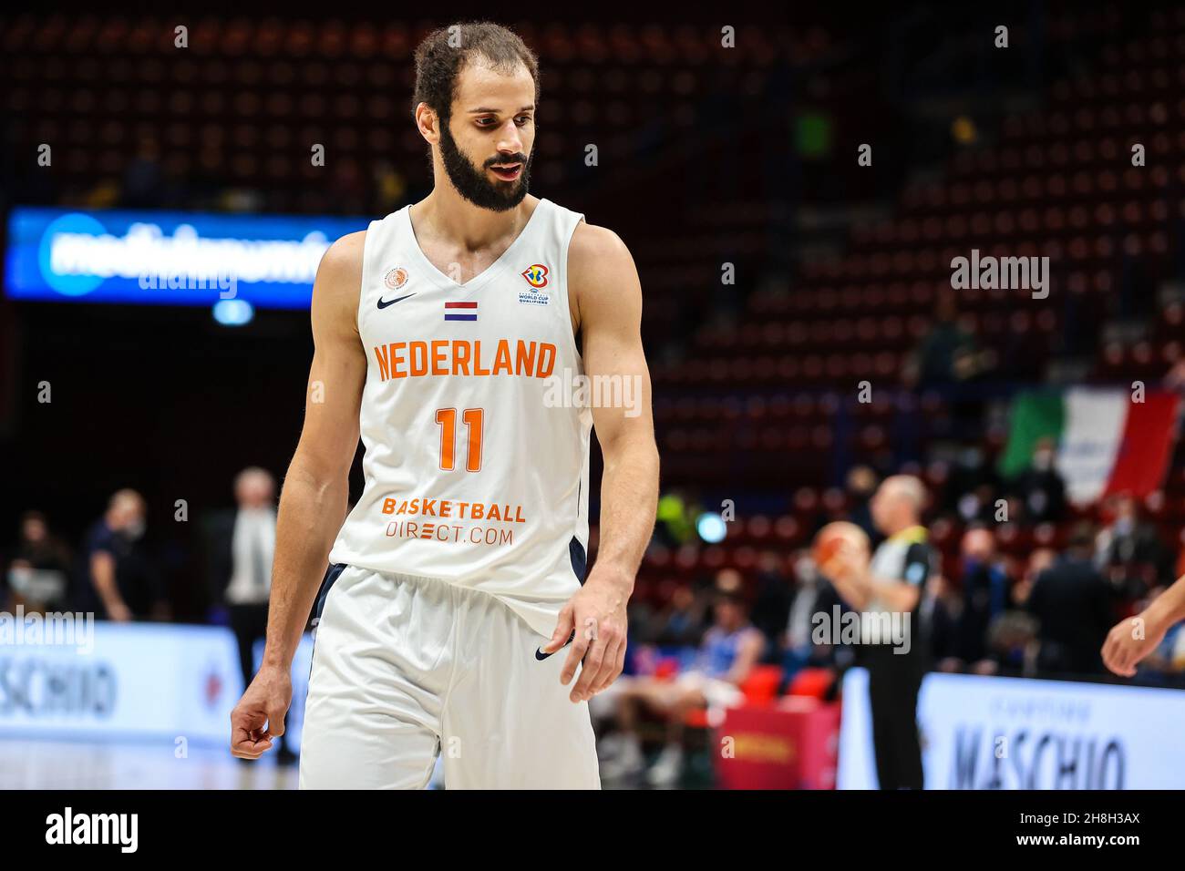 Milan, Italy. 29th Nov, 2021. Shane Hammink #11 of Netherlands looks on  during the FIBA Basketball World Cup 2023 European Qualifiers 1st Round  Group H match between Italy and Netherlands at Mediolanum