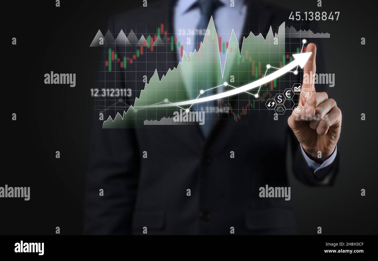 Businessman hold sales data and economic growth graph chart. Business ...