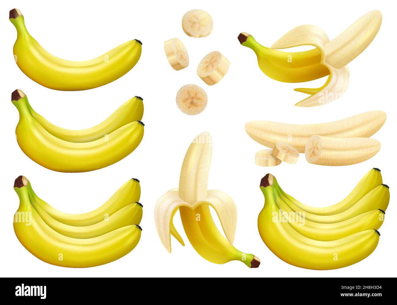 Set of 3d vector realistic illustration bananas. Banana,half peeled
