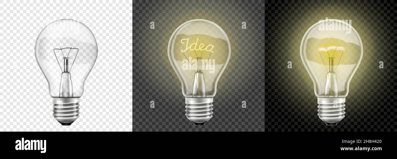 Glowing and Turned Off light bulbs. Vector 3d Realistic . Set with