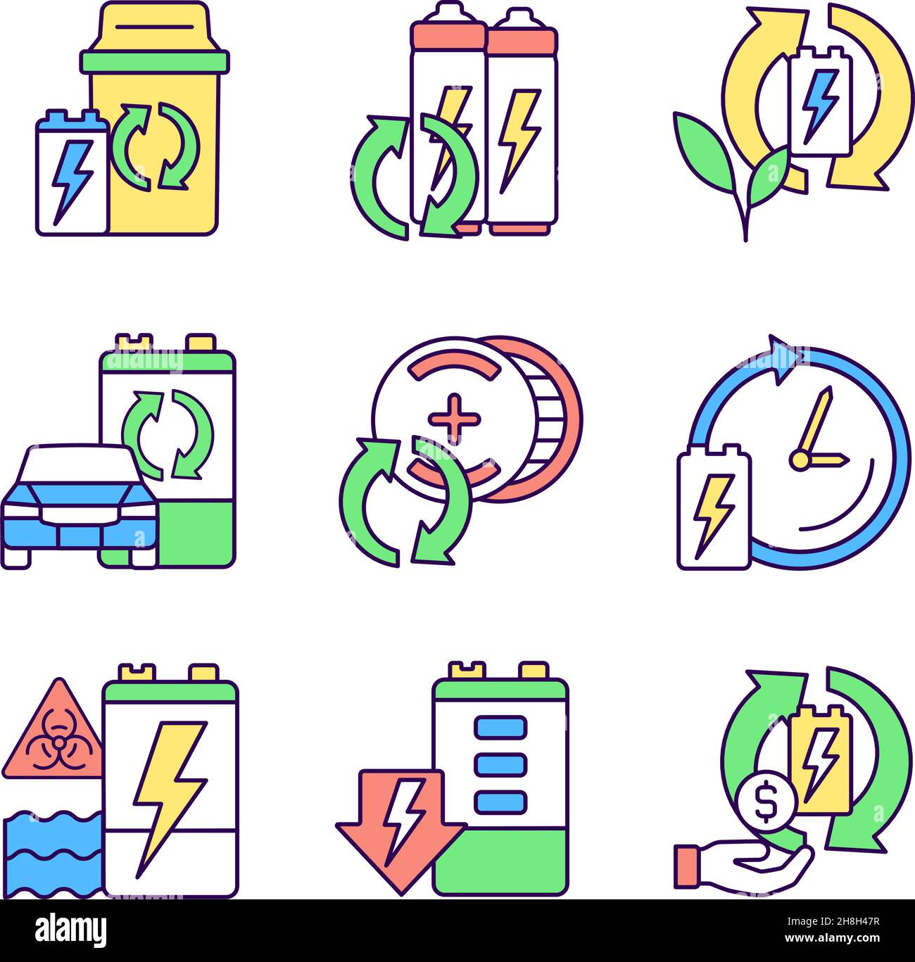 Battery processing RGB color icons set Stock Vector