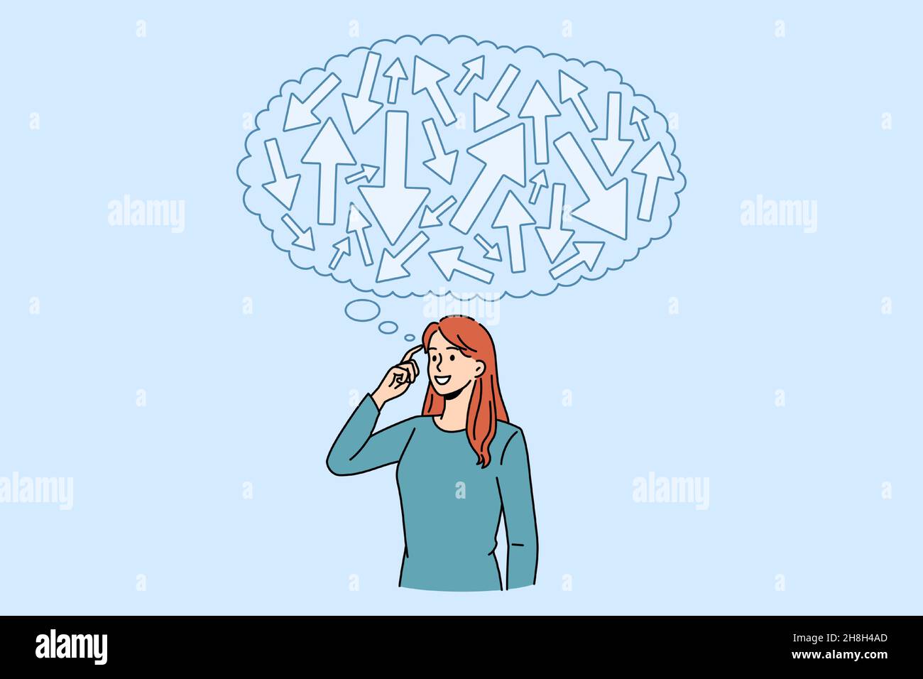 Young woman with speech bubble above head feel confused think of problem solution. Pensive female frustrated with planning or decision making, brainstorm solve problem. Vector illustration. Stock Vector