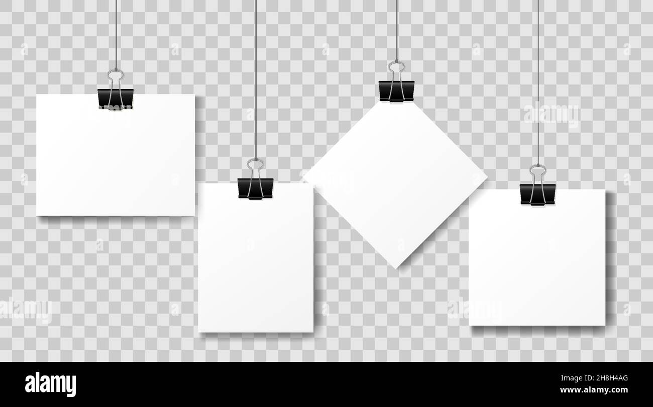 Set of multicolored binder clips on a piece of paper on a transparent background. Clerical clothespin on a transparent background Stock Vector