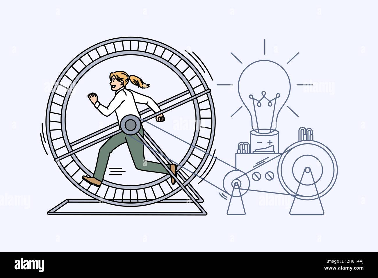 Motivated female employee run in hamster wheel generate creative business ideas for work. Ambitious woman worker in cog brainstorm develop innovative strategy. Innovation. Vector illustration. Stock Vector