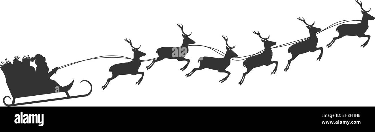 Santa Claus in sleigh pulled by reindeer, silhouette vector illustration Stock Vector