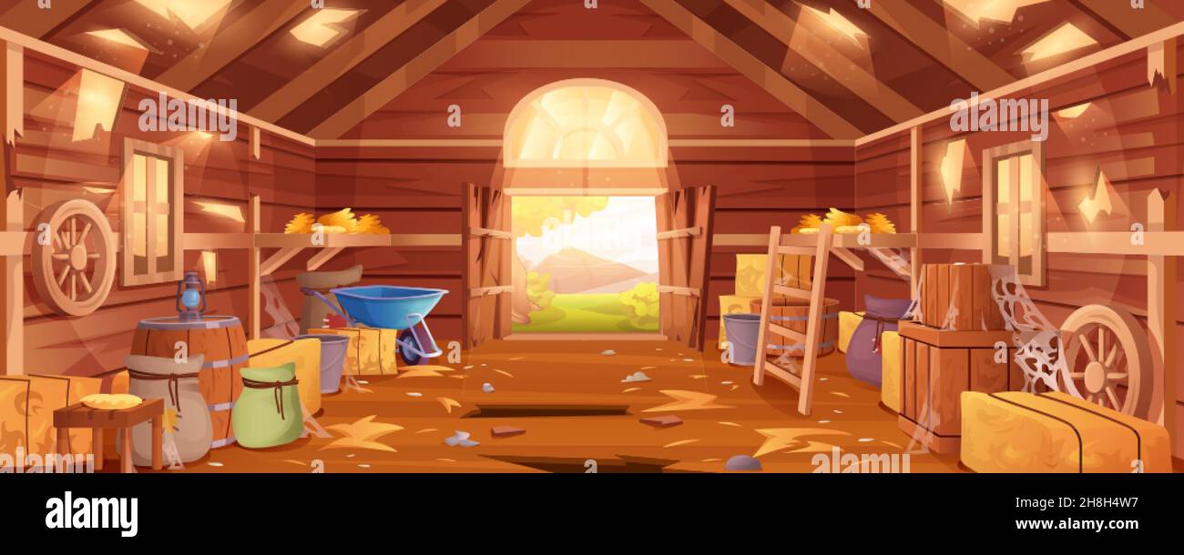 Cartoon abandoned farm barn interior with destroyed floor, walls and spiderweb. Wooden neglected ranch with haystacks, sacks and old agricultural tools. Deserted rustic storehouse building inside view Stock Vector