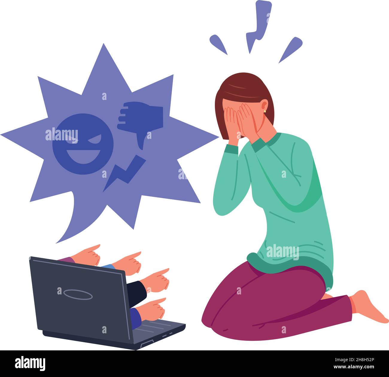 Online bullying. Depressed girl crying near laptop, cyber abuse, vector illustration isolated on white background Stock Vector