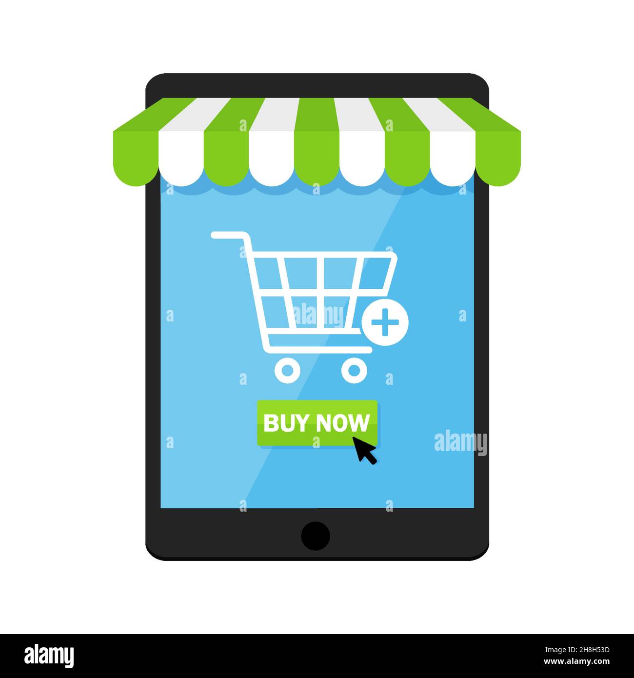 Tablet PC with a shopping cart and words buy now, isolated on white ...