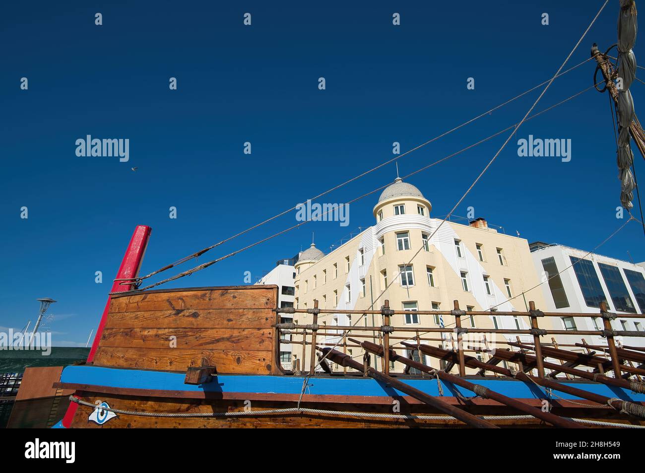 Volos city,  beautiful waterfront with the emblem of the city, mythical ship Argo Stock Photo