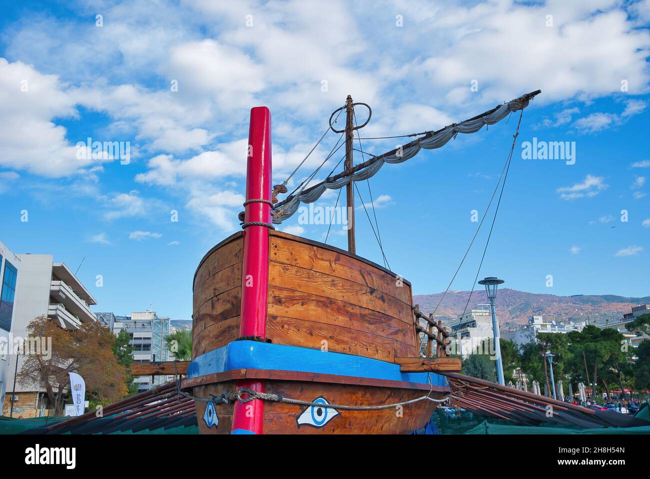 Volos city,  beautiful waterfront with the emblem of the city, mythical ship Argo Stock Photo