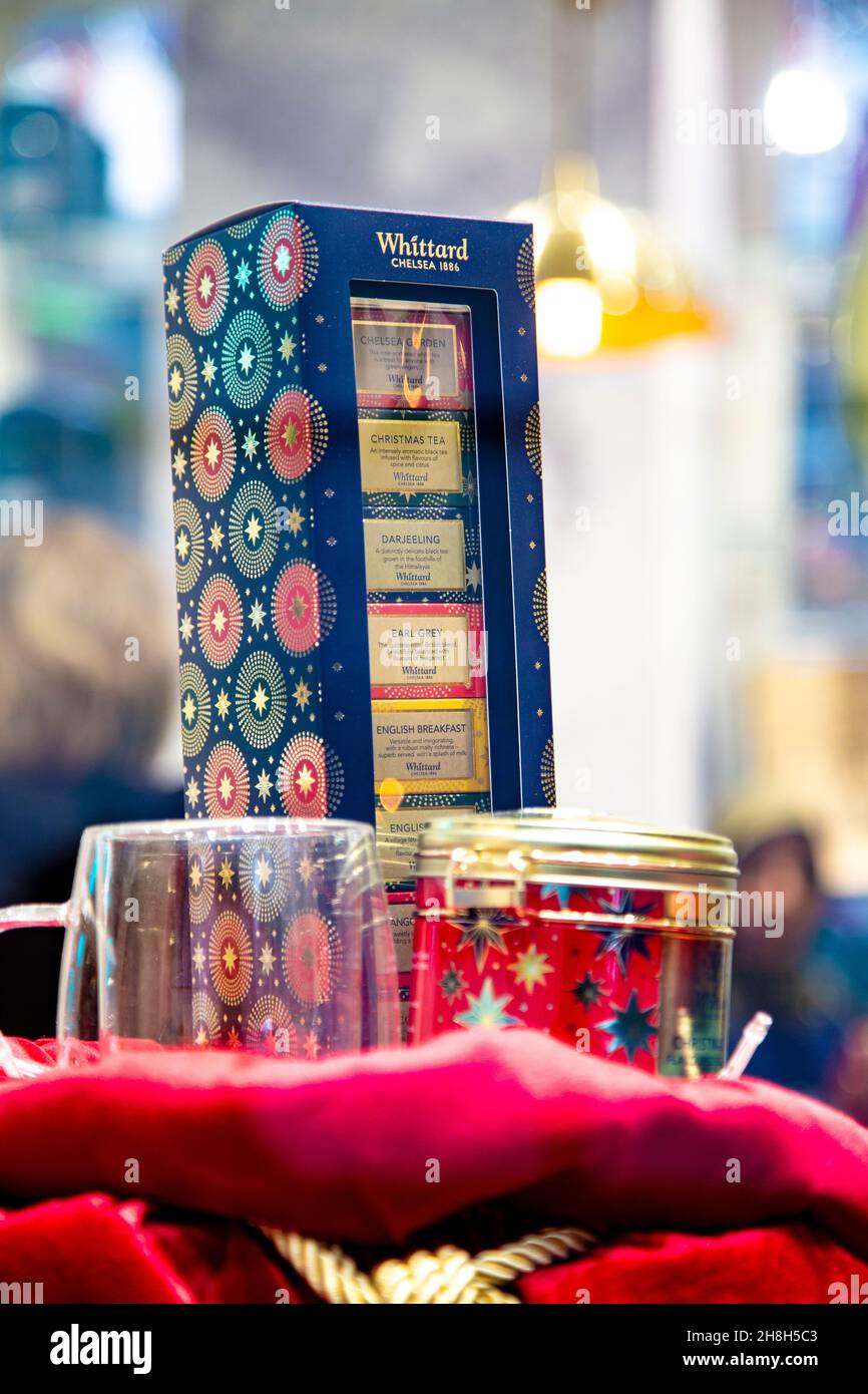 Christmas display of teas at Whittard of Chelsea in Covent Garden Market, London, UK Stock Photo