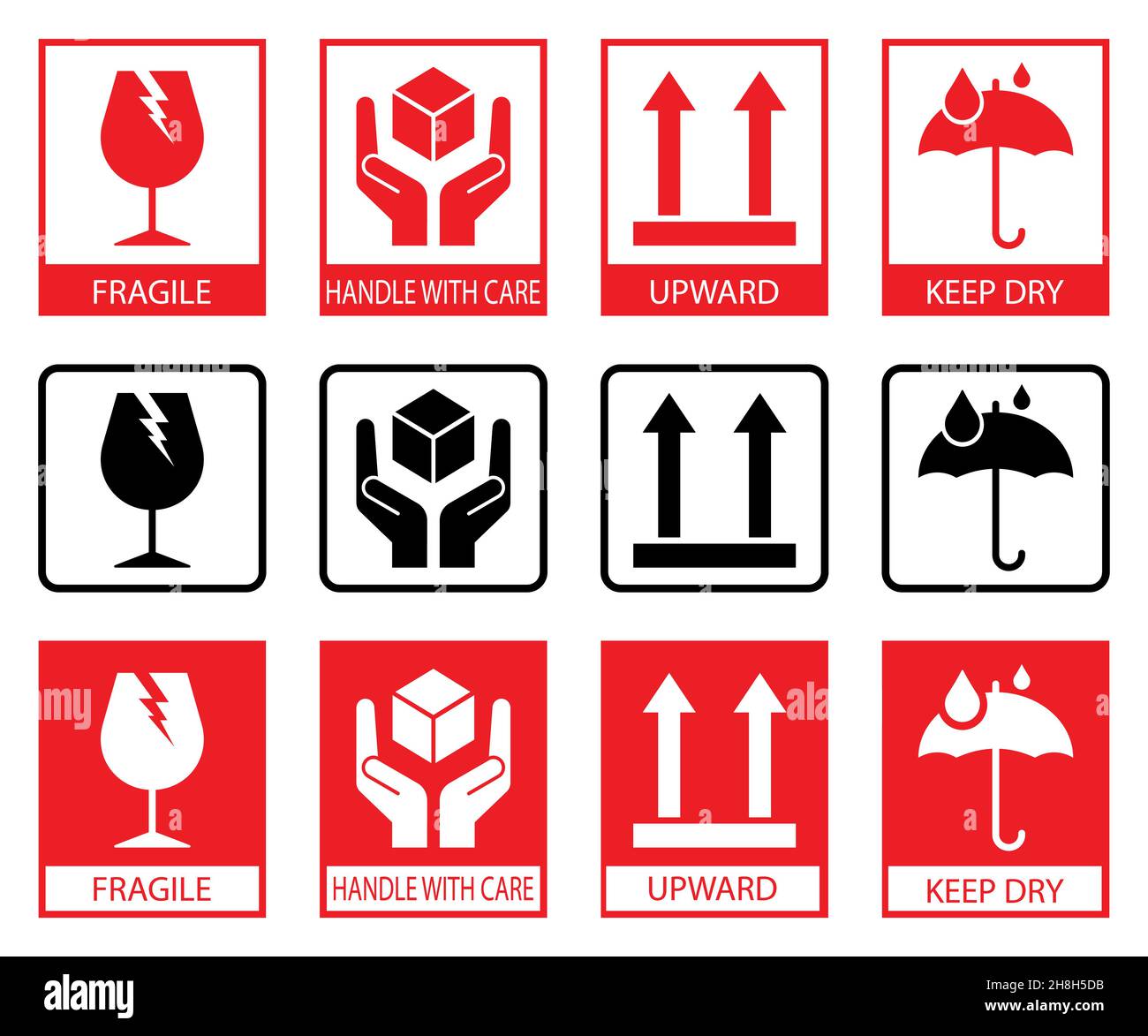 Fragile icons. Set Of Packaging Symbols :this side up, handle with care, fragile, keep dry Stock Vector