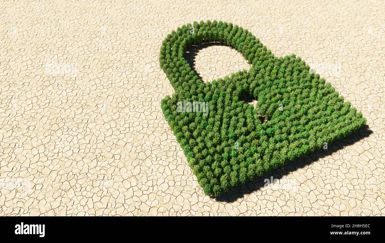 Concept or conceptual group of green forest tree on dry ground background, padlock icon. 3d illustration metaphor for communication, encryption Stock Photo