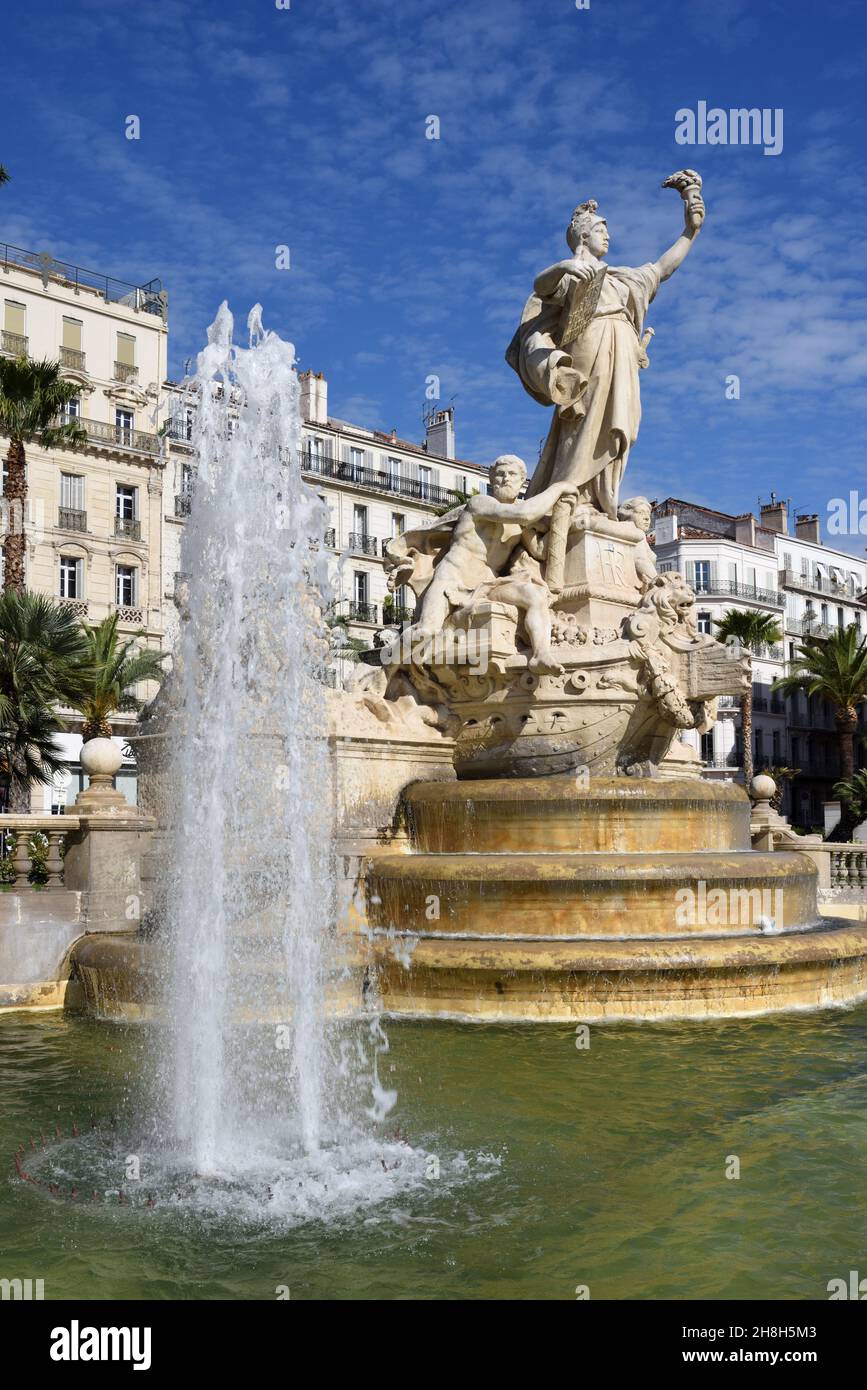 Monumental Street Fountain or Fontaine de la Fédération (1890) Place de la Liberté Town Squares Symbolises Statue of Liberty sent to US Toulon France Stock Photo