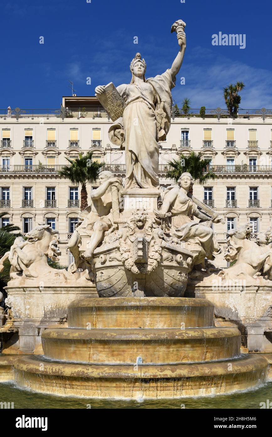 Monumental Street Fountain or Fontaine de la Fédération (1890) Place de la Liberté Town Squares Symbolises Statue of Liberty sent to US Toulon France Stock Photo