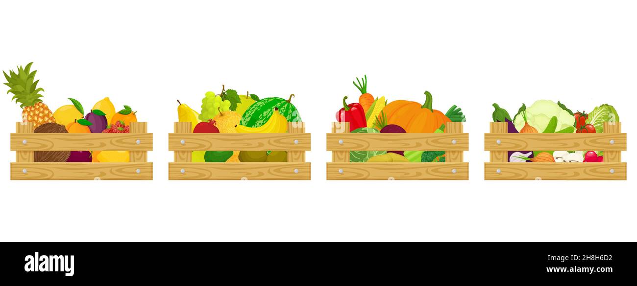 Set of Wooden boxes with different fresh vegetables, berries and fruits ...