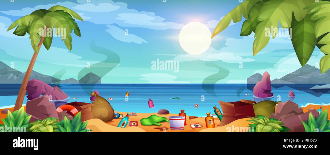 Garbage on sea beach, floating rubbish in water. Ocean pollution. Dirty seaside with trash, bottles, bags. Plastic waste dump on sandy coastline with stones. Ecological problem of polluted environment Stock Vector