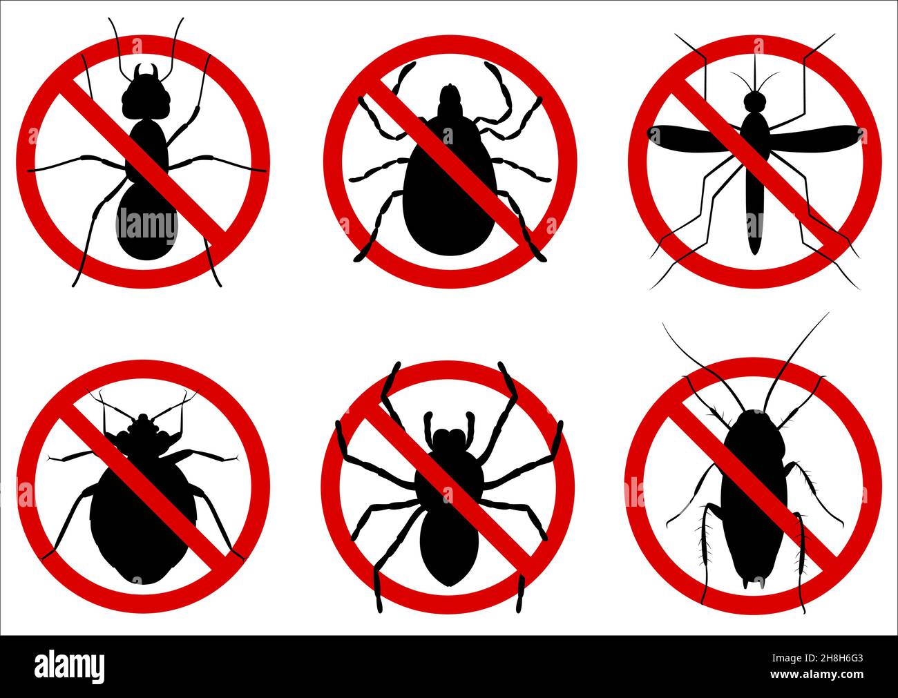 Anti pest control ban, prohibition parasitic insects. Stop, warning, forbidden bug icon set. No, prohibit signs of cockroaches, spiders, ticks, mosqui Stock Vector