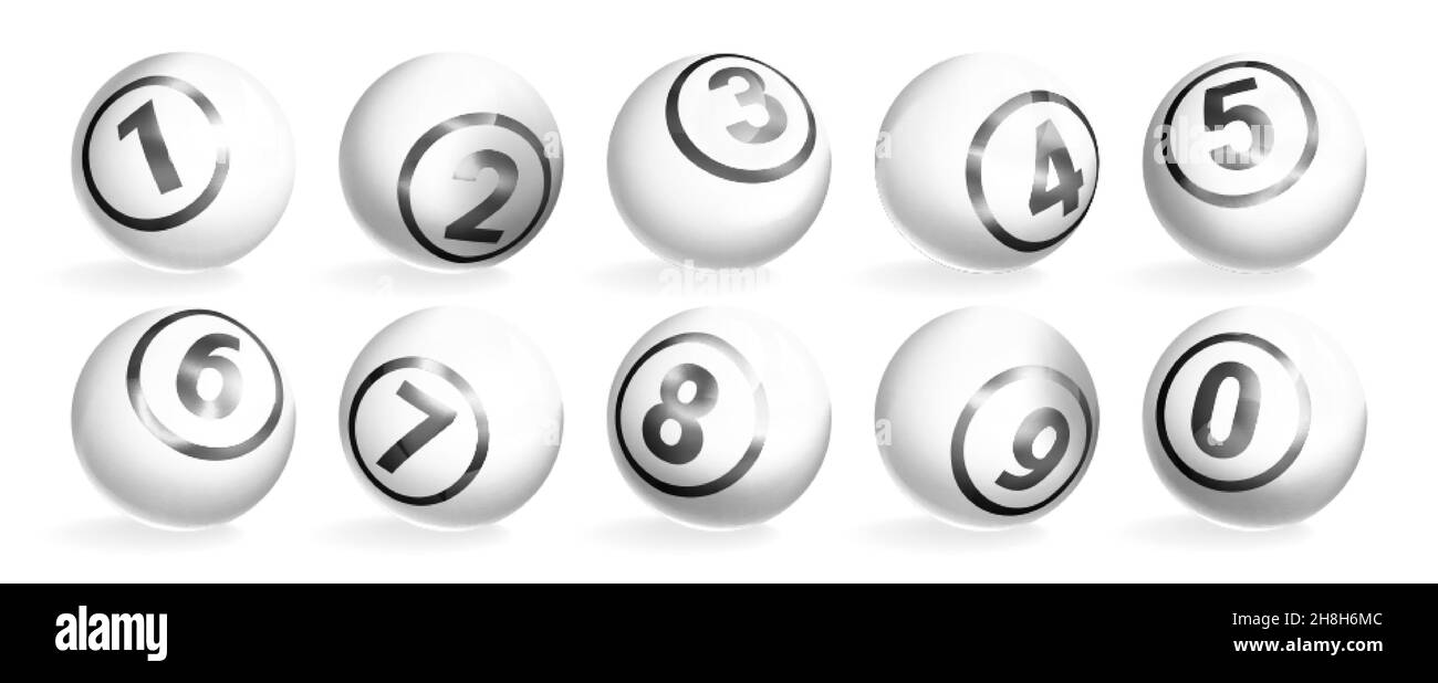 Vector realistic illustration of lotto white balls with grey numbers. Lottery gambling glossy spheres. Leisure sport game, snooker or billiard bingo ball isolated on white background. Stock Vector