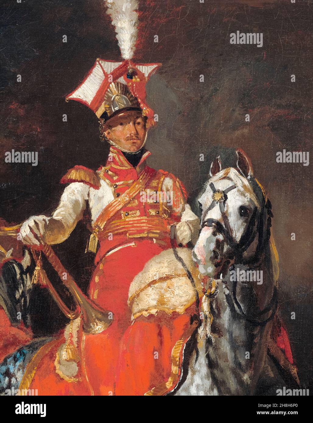 Mounted Trumpeter, of, Napoleon's Imperial Guard, painting detail by Théodore Géricault, 1813-1814 Stock Photo