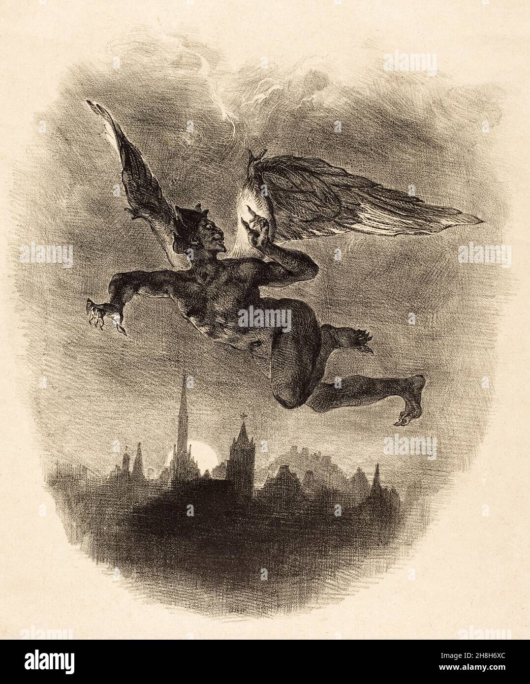 Mephistopheles in the Air, lithographic print by Eugene Delacroix, 1828 Stock Photo