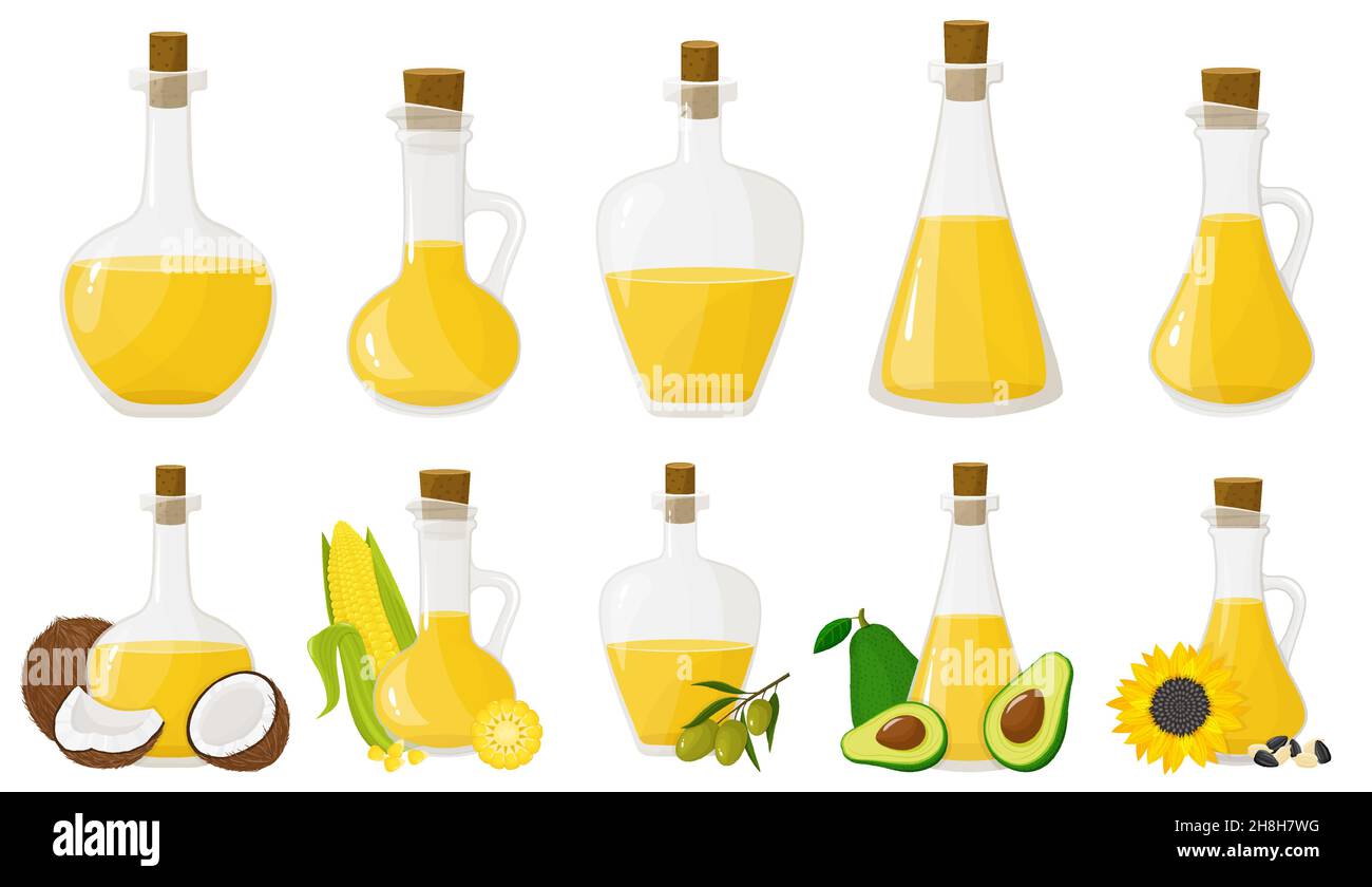 A set of glass bottles with different oils. Olive, sunflower, corn