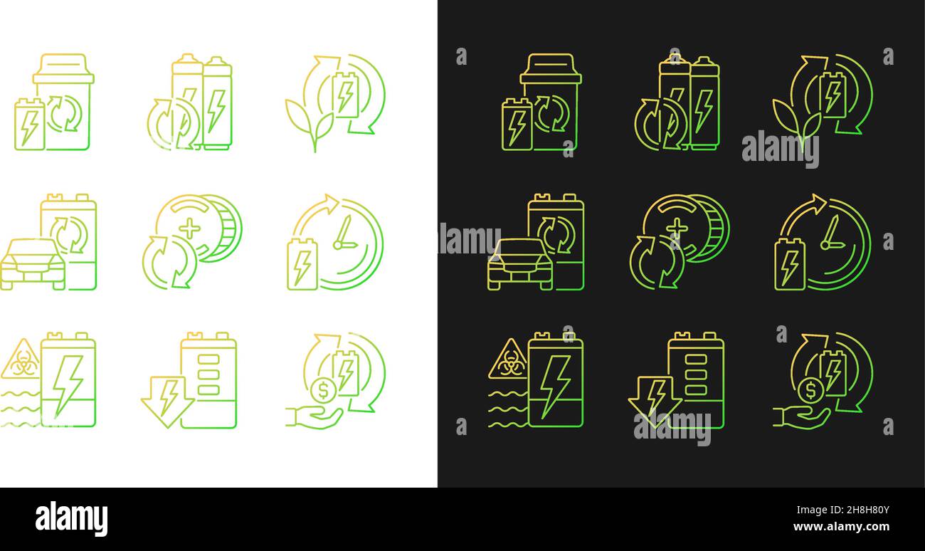 Battery processing gradient icons set for dark and light mode Stock Vector