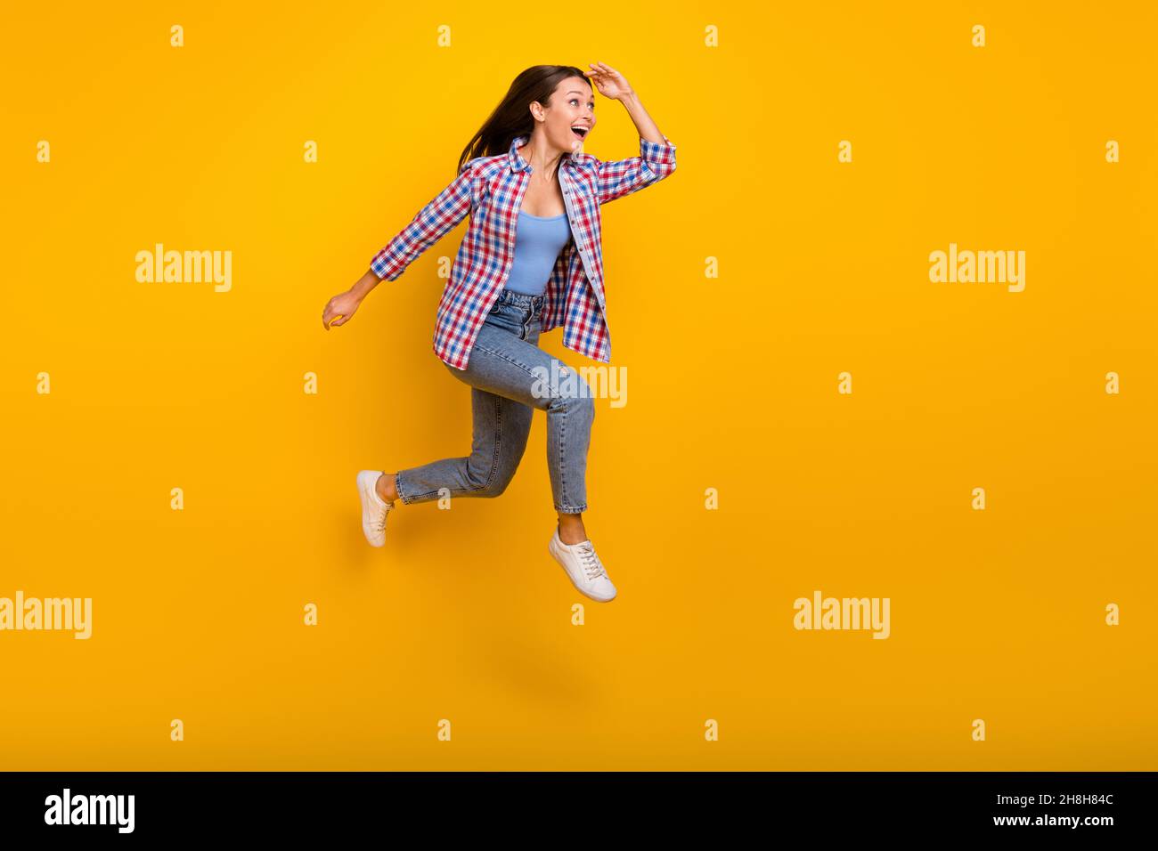 Full length profile photo of crazy inspired lady jump run look empty ...