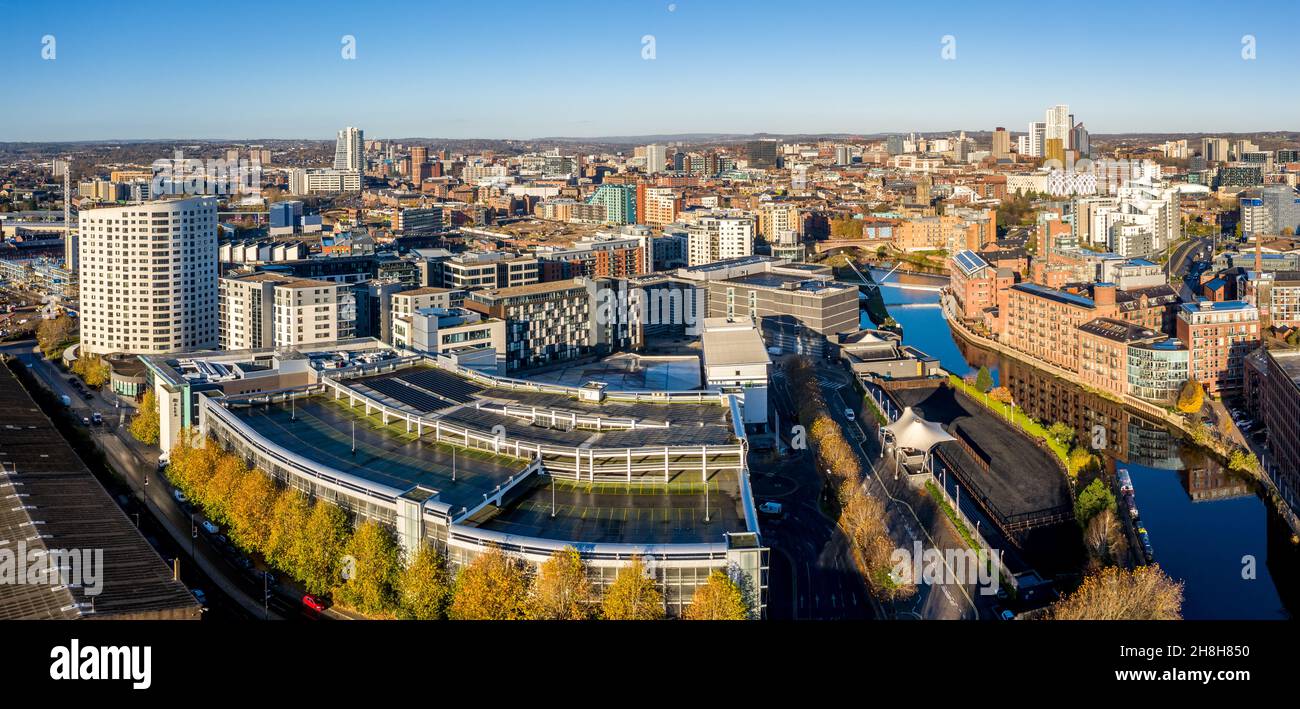 An aerial panorama cityscape of Leeds Dock in a city centre skyline