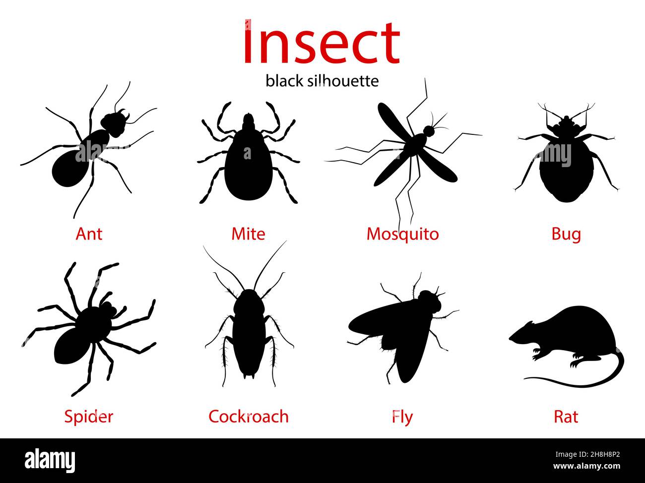 Pest Control insect black silhouette set, insect icons isolated on white, flat style Stock Vector
