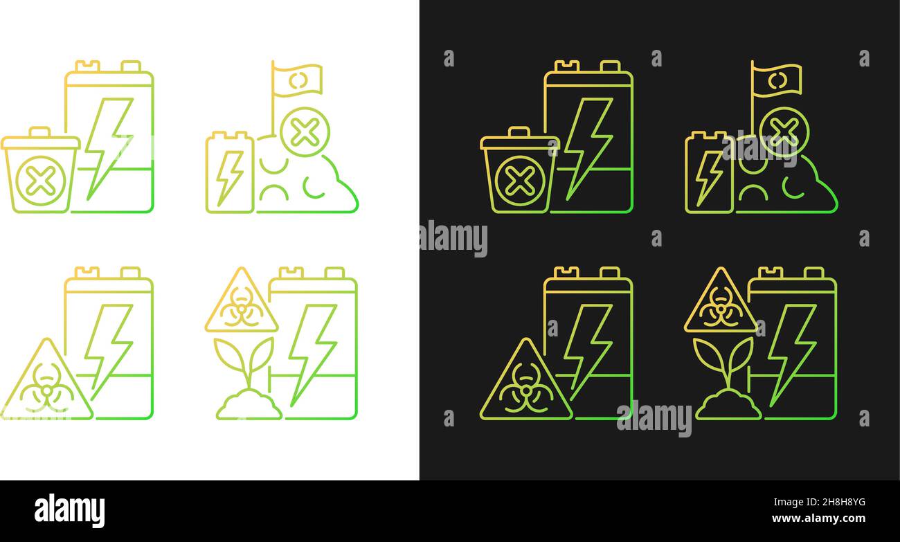 Improper battery disposal gradient icons set for dark and light mode Stock Vector