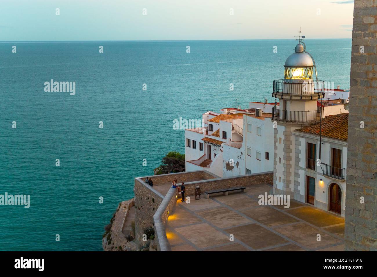 PENISCOLA, SPAIN - Nov 19, 2021: Aerial view of the old town by the sea in Peniscola, Castellon (Spain). View of the lighthouse. Stock Photo
