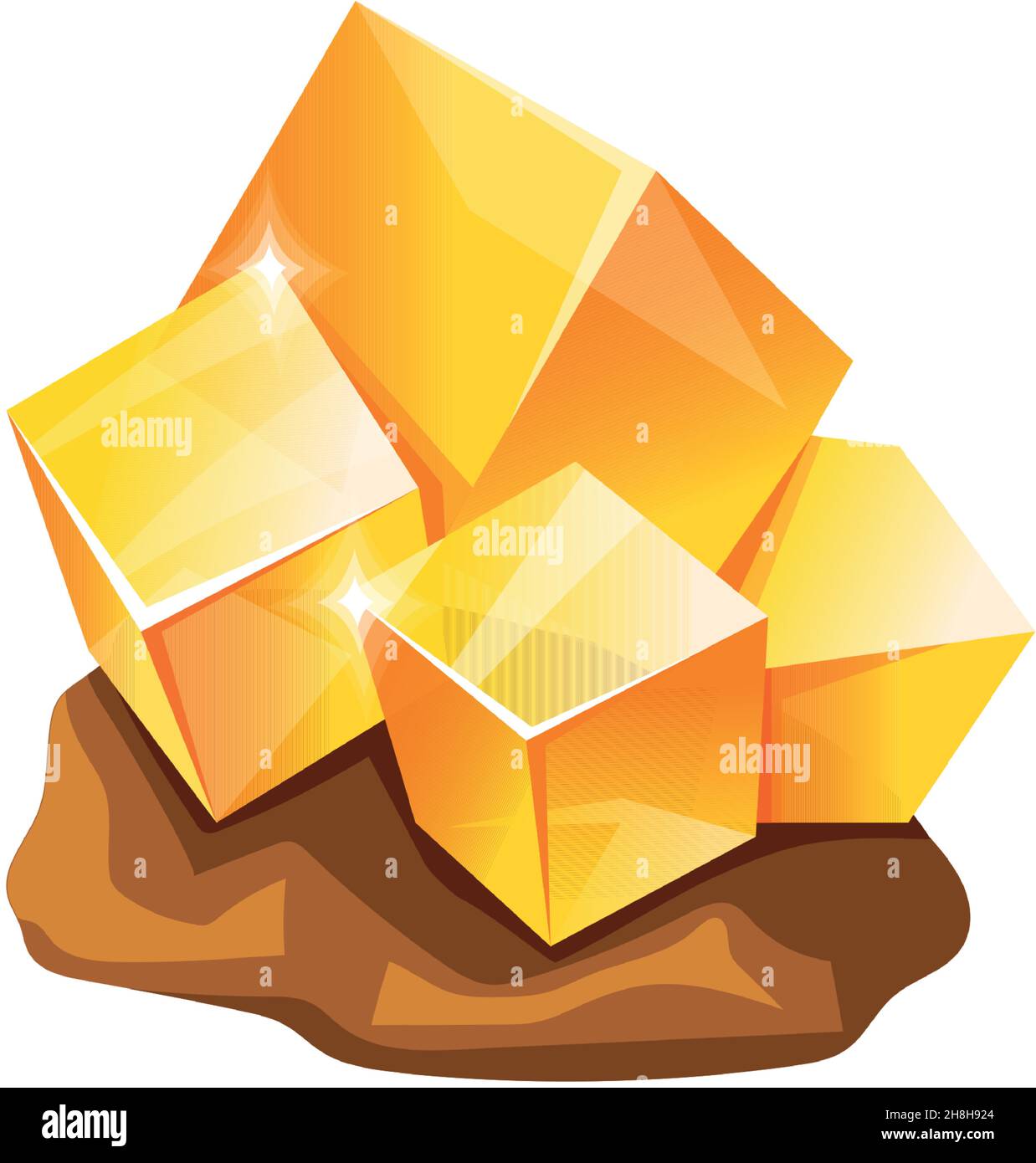 Raw yellow topaz. Crystal stones, square gold treasure, cartoon vector illustration isolated on white background Stock Vector