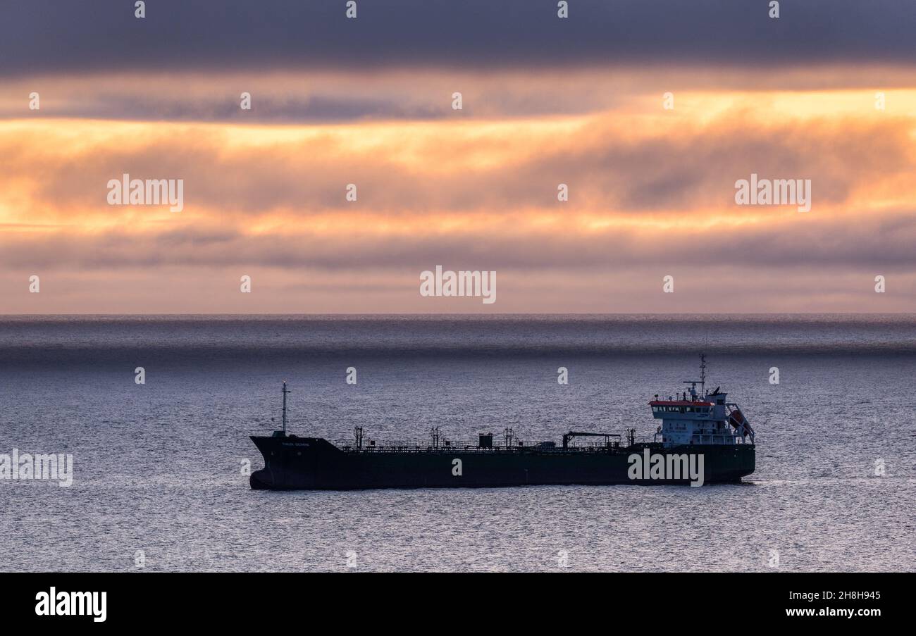 Myrtleville, Cork, Ireland. 30th November, 2021. Oil tanker Thun Gemini at anchor before dawn outside the harbour at Myrleville, Co. Cork, Ireland. - Picture; David Creedon / Alamy Live News Stock Photo