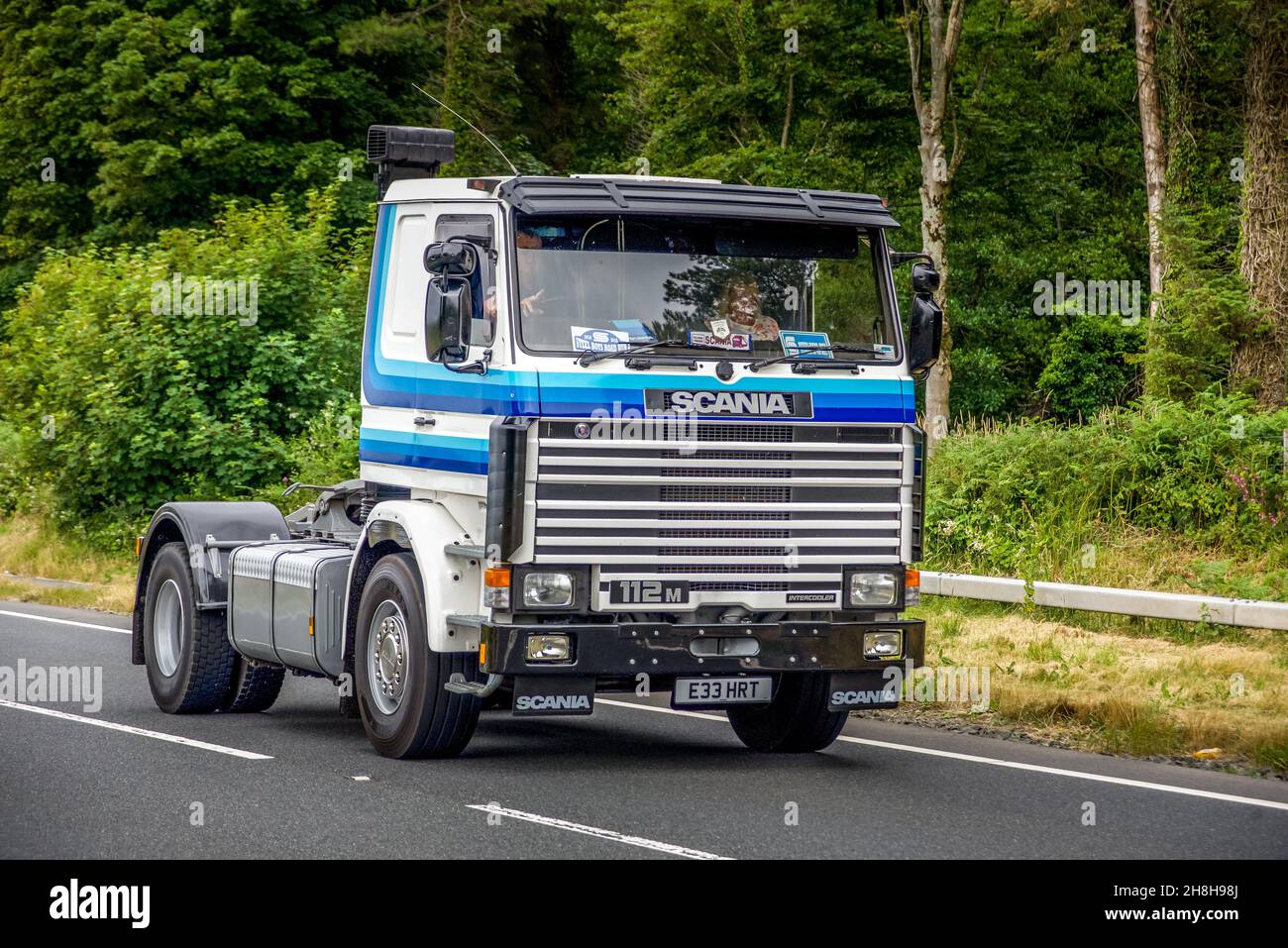 1980's Scania 112M tractor unit approaching Glenluce on the Annual Ayrshire Road Run 2018. Stock Photo