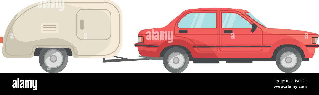 Red car with trailer. Mobile recreation transport for trip, icon flat vector illustration isolated on white background Stock Vector