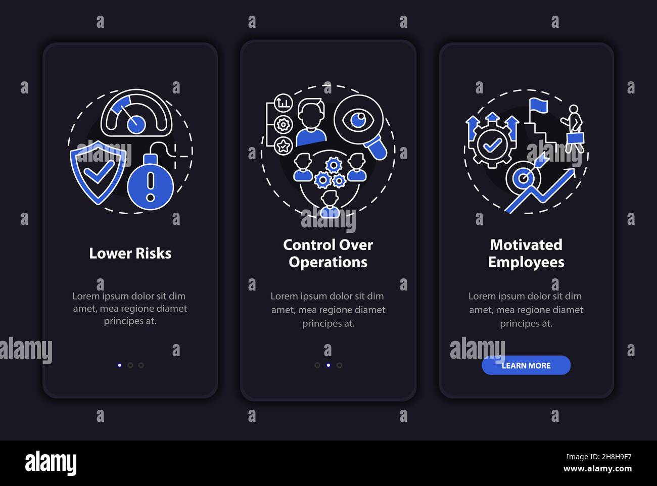 Internal growth perks dark onboarding mobile app page screen Stock Vector