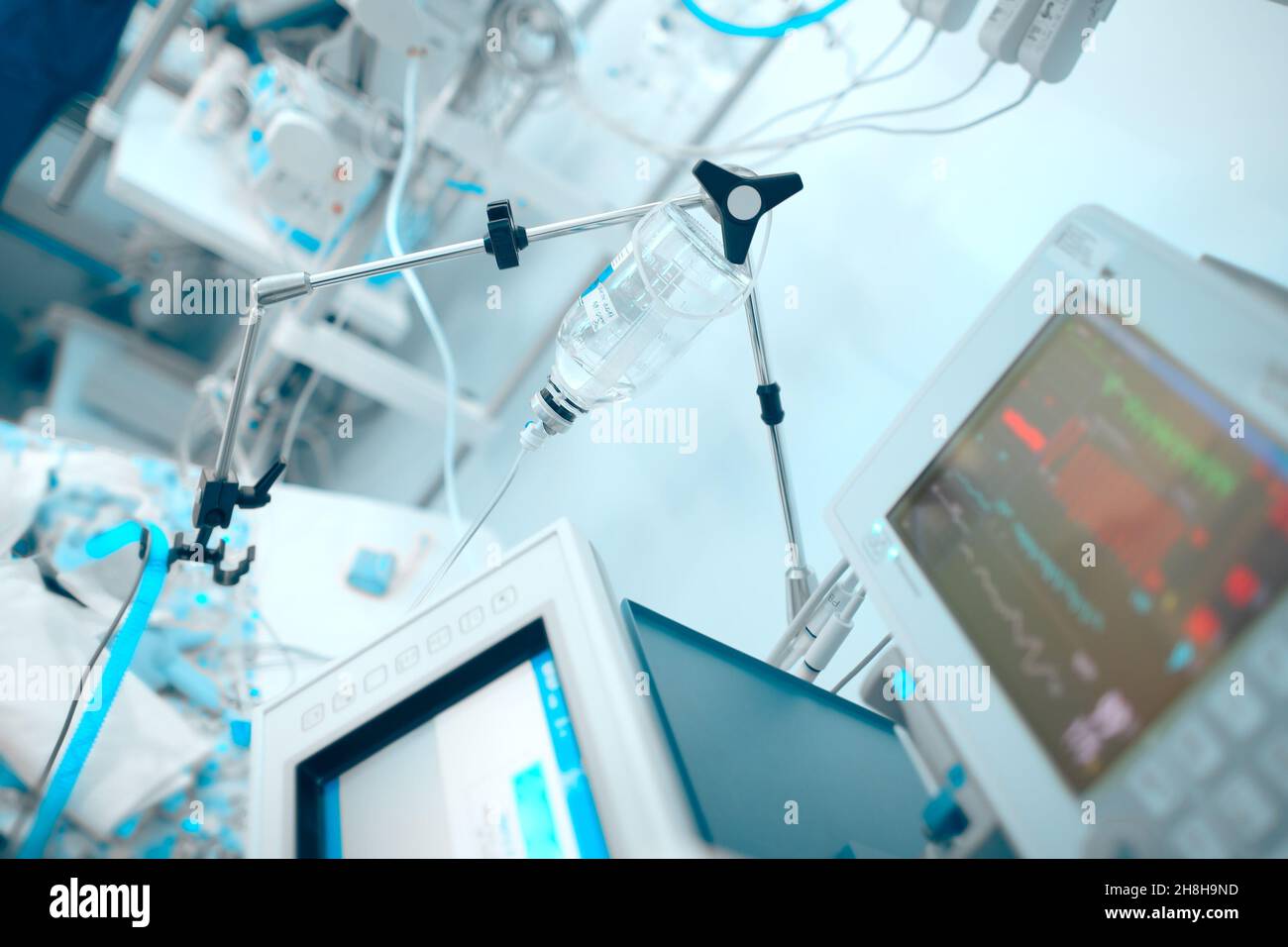 Life support devices connected to the critical condition patient in the ICU. Stock Photo
